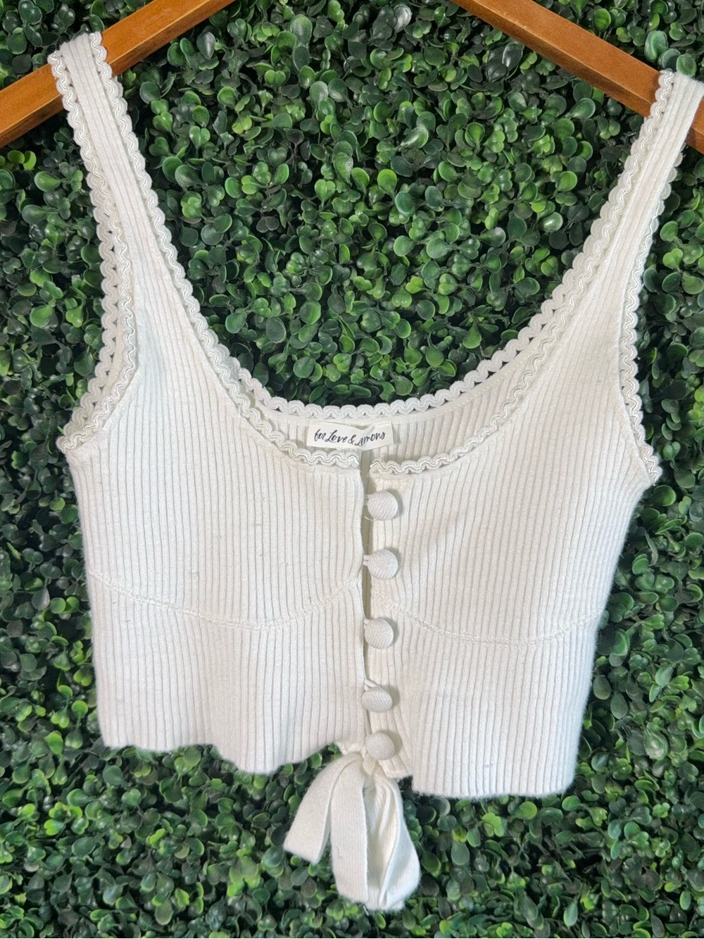 For Love & Lemons Pointelle Rib Knit Tie Front Crop Tank Ivory XS